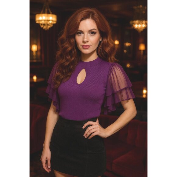 7Th Avenue Design Studio XS Purple Puff Flutter Sleeve Blouse Keyhole Cutout - Picture 3 of 15